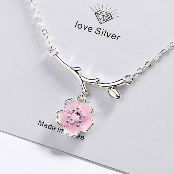 #NEW 925 Sterling Silver Pink White Diamond Cherry Blossom Leaf Branch Necklace - Picture 6 of 11